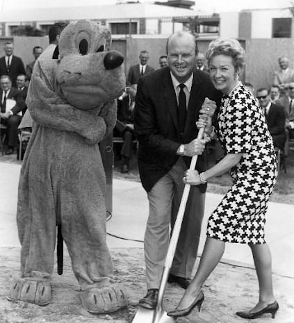 jack and bonita wrather with pluto groundbreaking for disneyland hotel