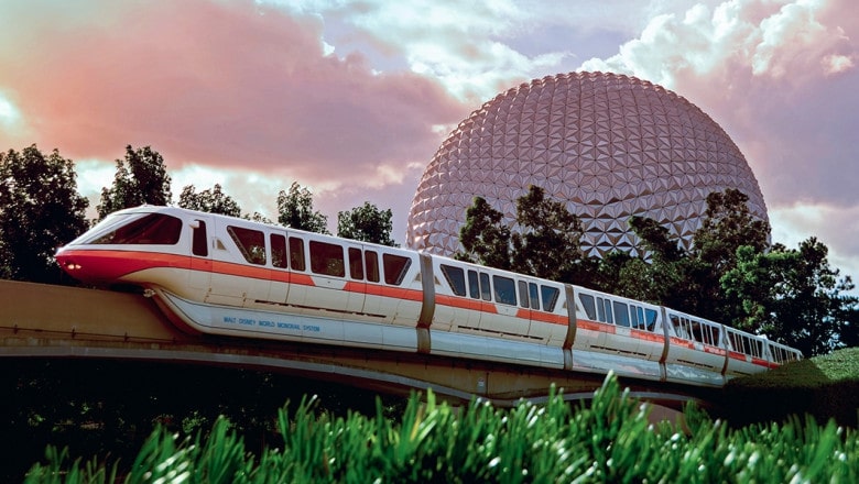 disney monorail and spaceship earth at epcot