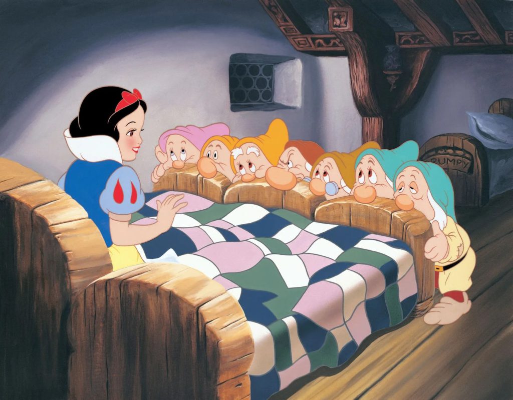 snow white in bedroom with seven dwarfs watching