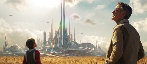 tomorrowland movie poster with space mountain at left
