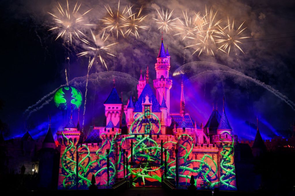 sleeping beauty castle at halloween with projection show disneyland